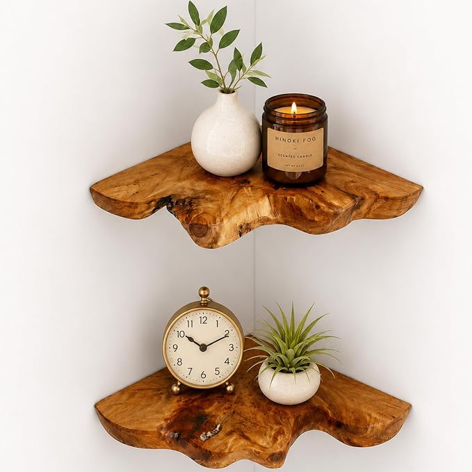 Floating Corner Shelf Set of 2, Handcrafted Live Edge Corner Wall Shelves by Unknown