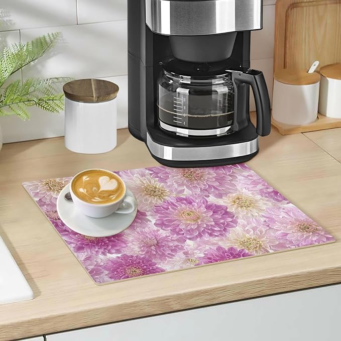 Pink Purple Chrysanthemum Coffee Mat Coffee Bar Maker Backed Absorbent Nonslip - Image 5
