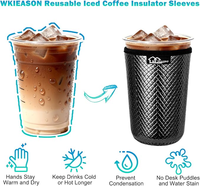WKIEASON Reusable Iced Coffee Sleeves 16-32OZ PU Leather Neoprene Coffee Cup - Image 3