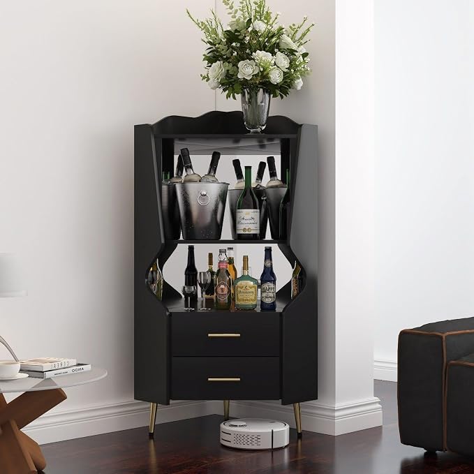 Corner Bar Cabinet with Mirrored Back, Sideboard Cabinet with 2 Open Shelves & - Image 5