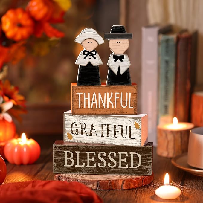 Lineshading 4 Pcs Fall Table Decoration Wooden Pilgrim Couple Decor - Image 5