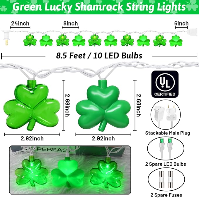 8.5Ft LED St Patricks Day Lights Shamrock Lights Plug in Lucky Shamrock String - Image 4