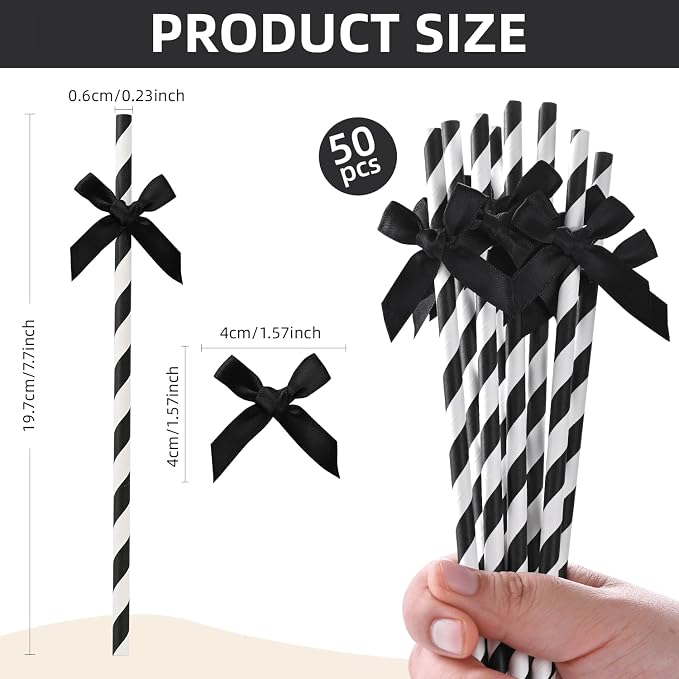 50pcs Black Bow Straw, 7.7inch Biodegradable Cute Paper Cake Pops Treat Sticks - Image 2