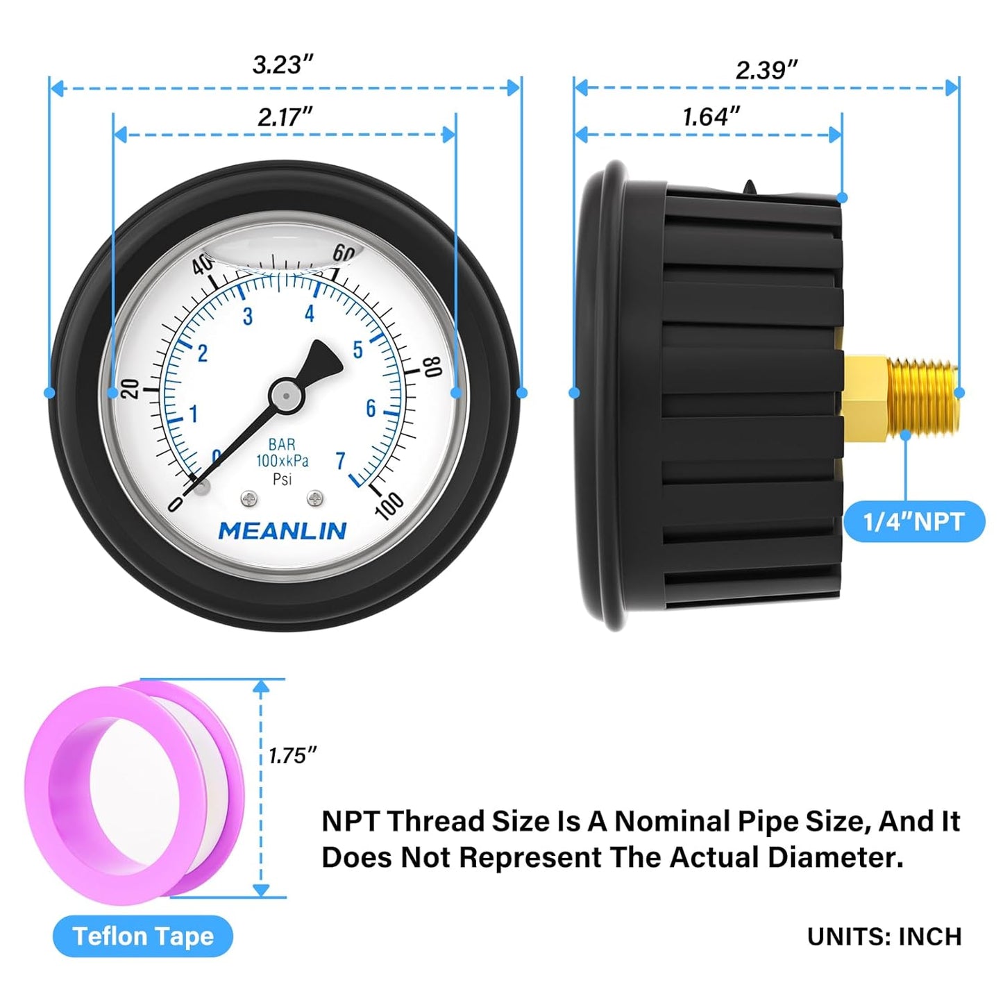 MEANLIN MEASURE 0~100Psi Stainless Steel Liquid Filled Pressure Gauge 1/4" NPT 2.5" FACE DIAL with Rubber Protective Sleeve, Center Back Mount