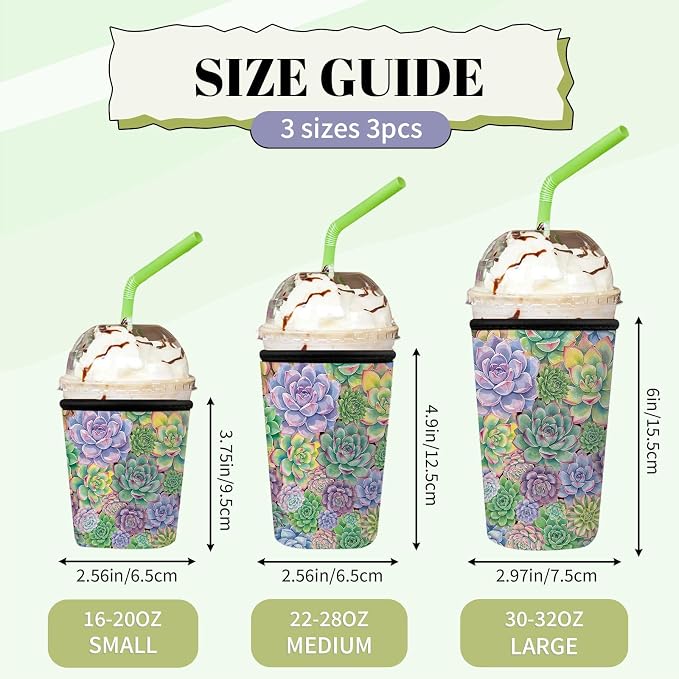 Colorful Succulent Iced Coffee Cup Sleeve 3 Pack, Plant Lover Reusable Neoprene - Image 3