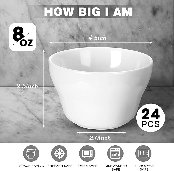 Suclain 24 Pack Porcelain Bowls Set Porcelain Bouillon Cups Small Dessert Bowls - Image 2