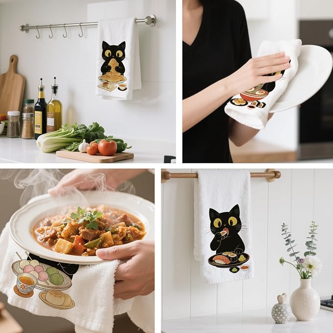 CUTHOLLOW Japanese Style Black Cat Decorative Kitchen Towels Set of 4, - Image 4