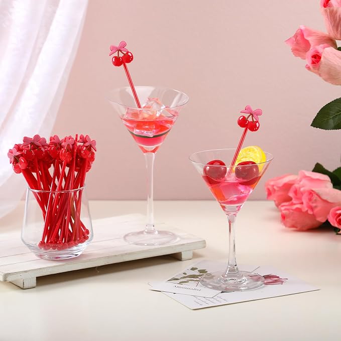 Reallnaive 30 Pcs Cherry Bow Drink Stirrers 6 Inch Pink Red Coquette Bow - Image 3