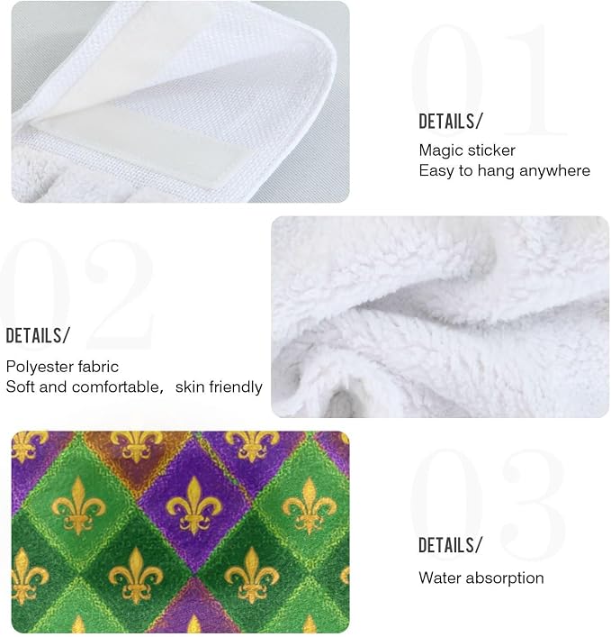 Dussdil Plaid Mardi Gras Kitchen Hanging Towel Fleur De Lis Masquerade Hand Tie - Image 3
