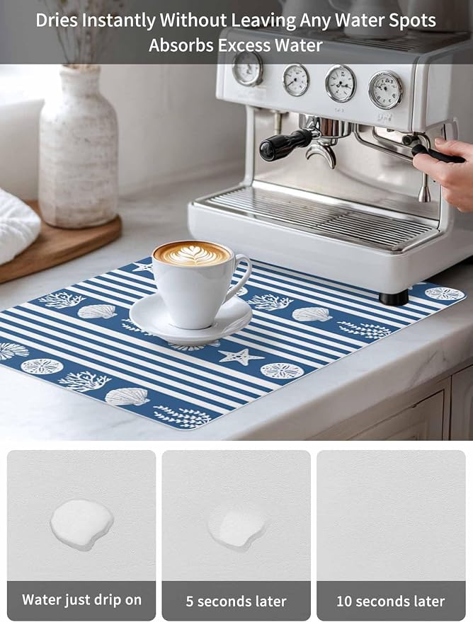 Striped Coffee Mat Ocean Navy Blue Starfish Shell Jellyfish Coral Absorbent Bar - Image 6