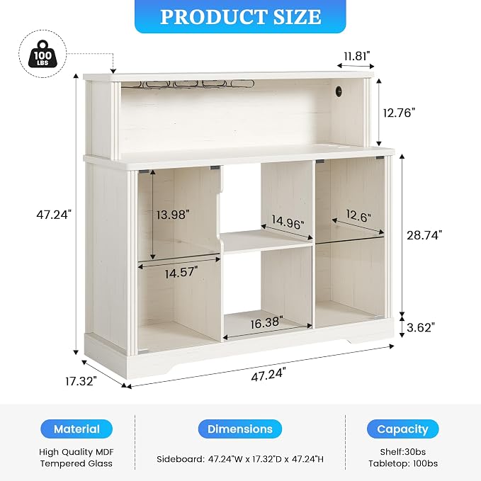 47'' Wine Bar Cabinet with Mini Fridge Space & Charging Station, Coffee Bar - Image 2