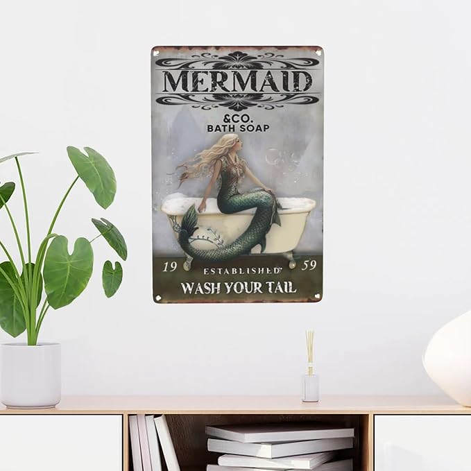Retro Signs Vintage Bathroom Mermaid Bath Soap Wash Your Tail Signs Retro - Image 2