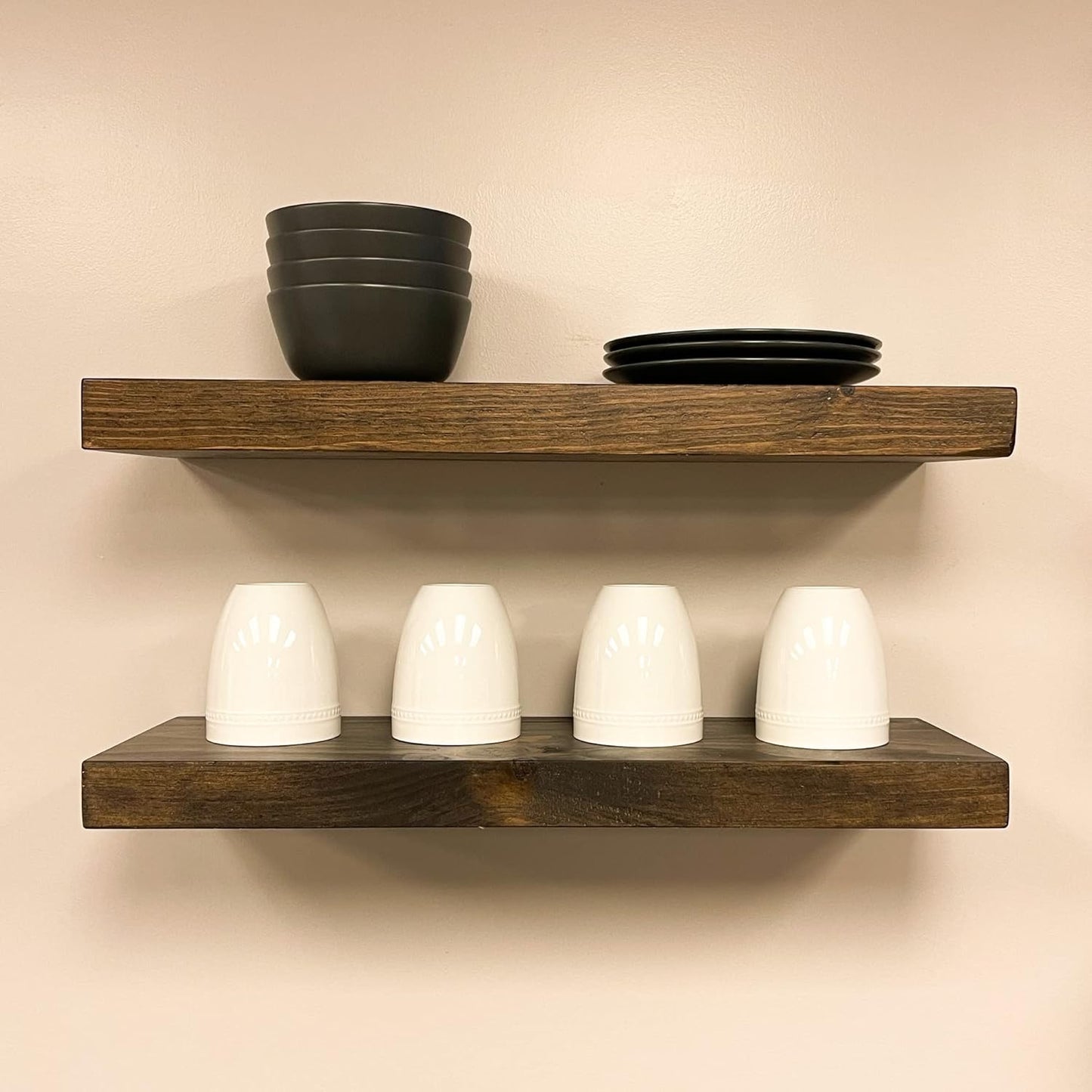 URBANDI, Rustic Floating Shelves, Set of 2, Hidden Bracket, Solid Wood, Heavy Duty, Wall Mounted Shelves, (Dark Brown, 24Wx12D)