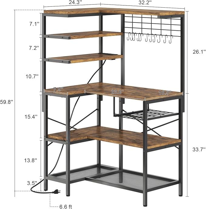 L-Shaped Bakers Rack with Power Outlet, 6-Tier Microwave Stand with Open Storage - Image 2