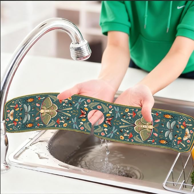 2 Pcs Kitchen Sink Splash Guard Faucet Mat Vintage Green Insects and Plants - Image 6