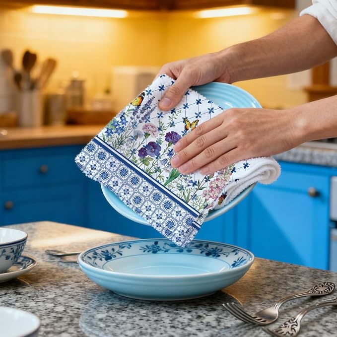 CUTHOLLOW Bohemian Blue Flowers Decorative Kitchen Towels Set of 4, - Image 6