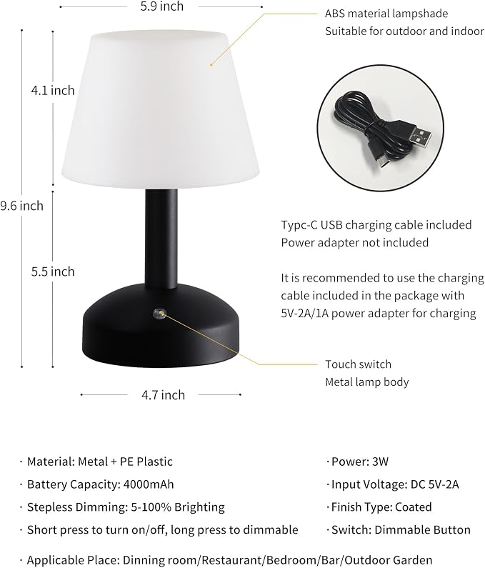KDG Modern Cordless Small Table Lamps, Portable LED Dimmable Desk Lamp - Image 5