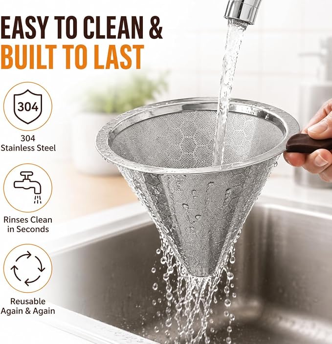 Reusable Stainless Steel Pour Over Coffee Filter Cone, Dual-Mesh Metal Dripper - Image 6