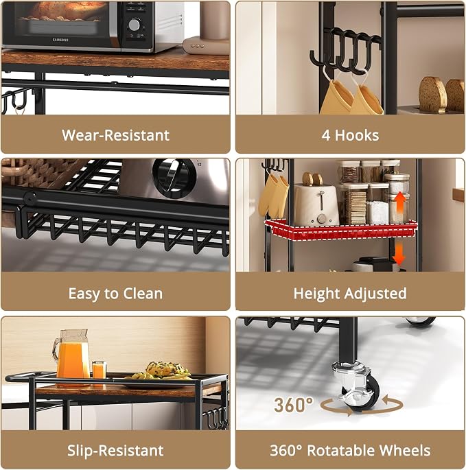 Microwave Kitchen Cart with Push Handle, 3 Tier Rolling Cart with 2 Lockable - Image 8