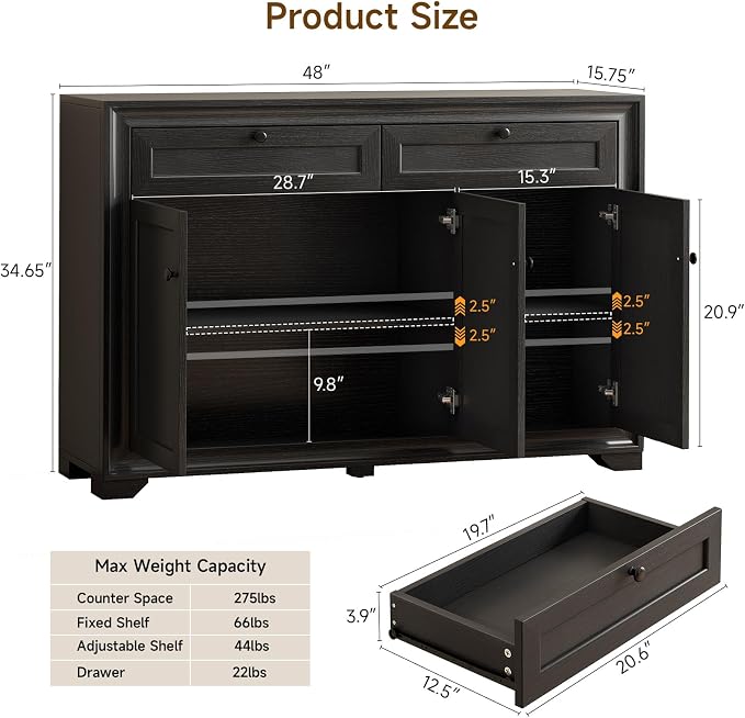 48 Inches Buffet Cabinet with Storage, Farmhouse Sideboard Buffet w/2 Drawers - Image 2