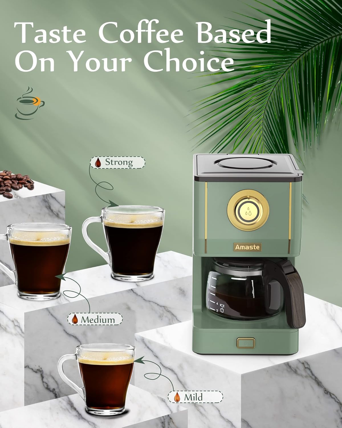 Amaste Drip Coffee Maker, Coffee Machine with 25 Oz Glass Coffee Pot, Retro Style Coffee Maker with Reusable Filter & Three Brewing Modes, 30minute-Warm-Keeping, Matcha Green