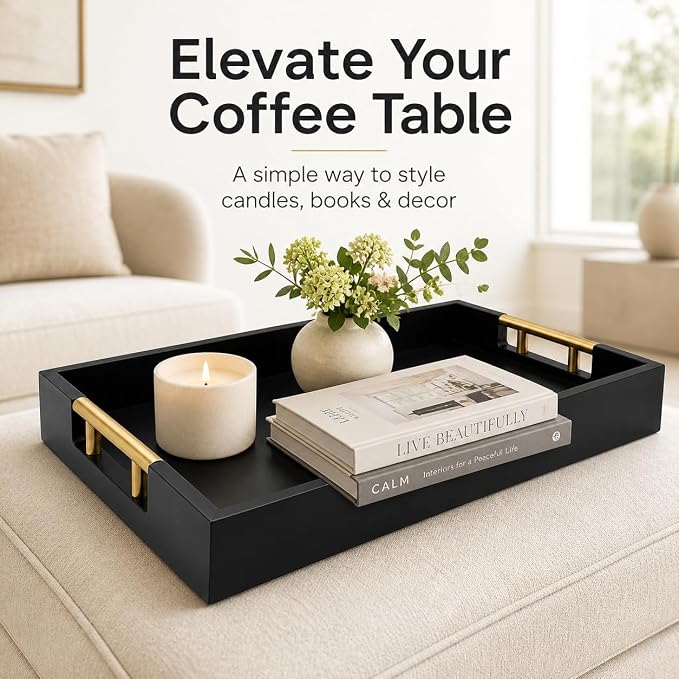 Luxury Black Ottoman Tray with Gold Handles – 12x17 Large Decorative Serving - Image 2