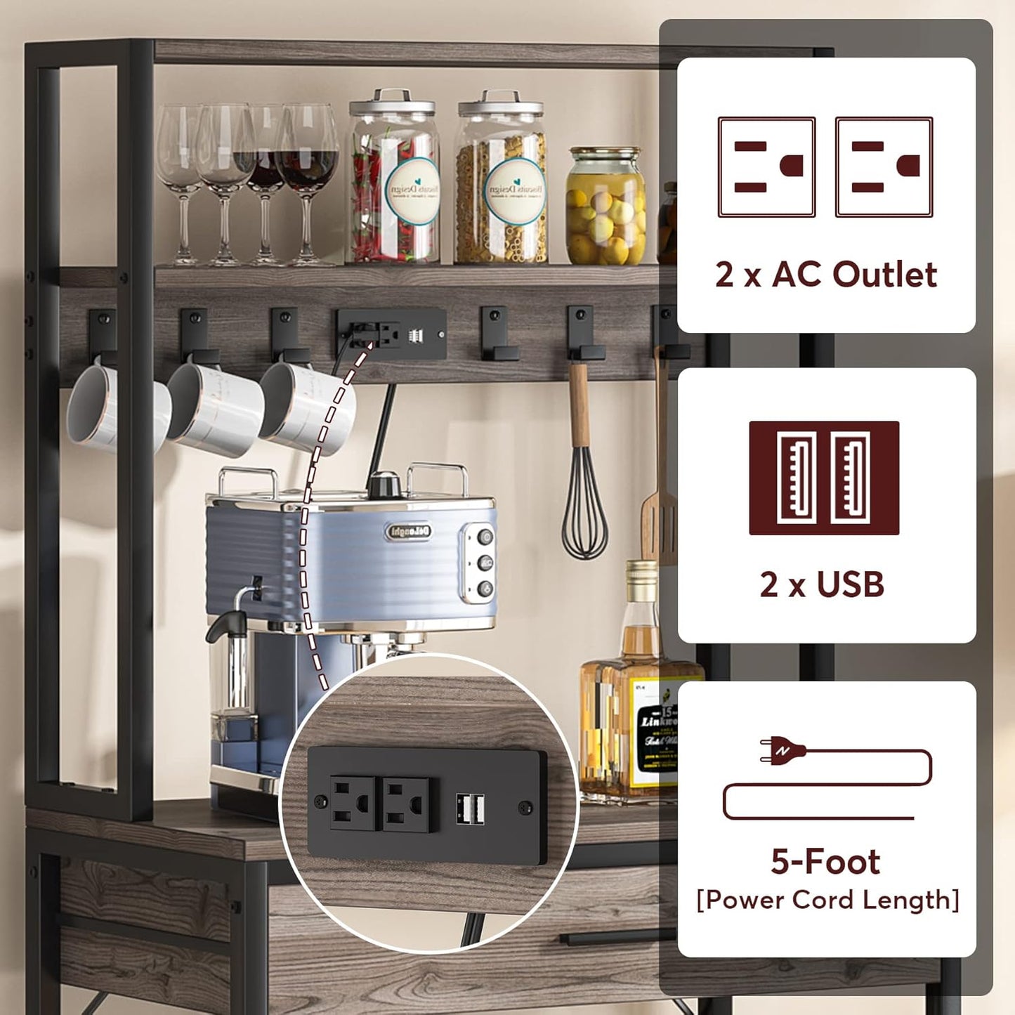 LITTLE TREE Kitchen Baker’s Rack with Power Outlets, Freestanding 5-Tier Microwave Stand with Drawers & Sliding Shelves, Coffee Bar with 6 Hooks for Dining Room Living Room, Grey & Black