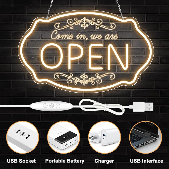 Open Sign for Business, 16.5 x 10 Inch Come In We're Open LED Neon Sign - Image 5