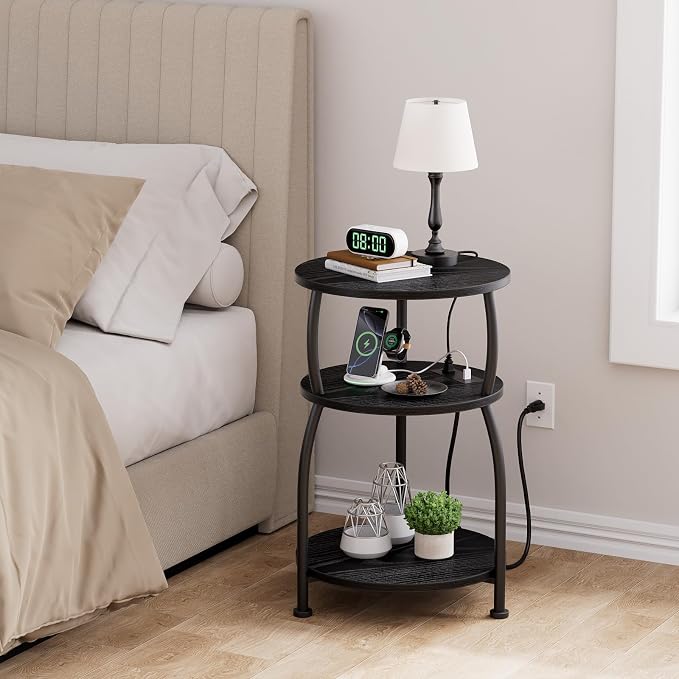 Round Side Table with Power Outlet & USB Ports, 3-Tier End Table with Storage - Image 5