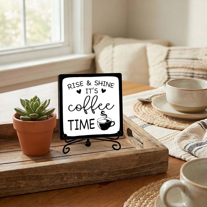 Minimalism Coffee Bar Decor, Rise & Shine It's Coffee Time Wood Plaque - Image 4