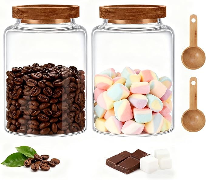 Glass Jar with Spoon Wooden Lid Clear Coffee Ground Containers Set Borosilicate by Foyofly