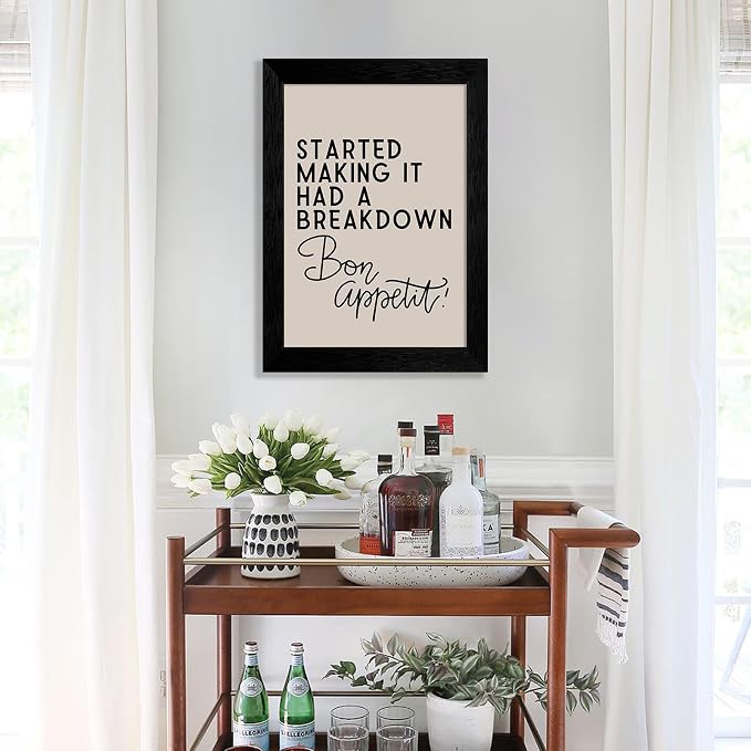Black Framed Funny Modern Kitchen Wall Art 16x20 inch Bon Appetit Quotes Canvas - Image 6