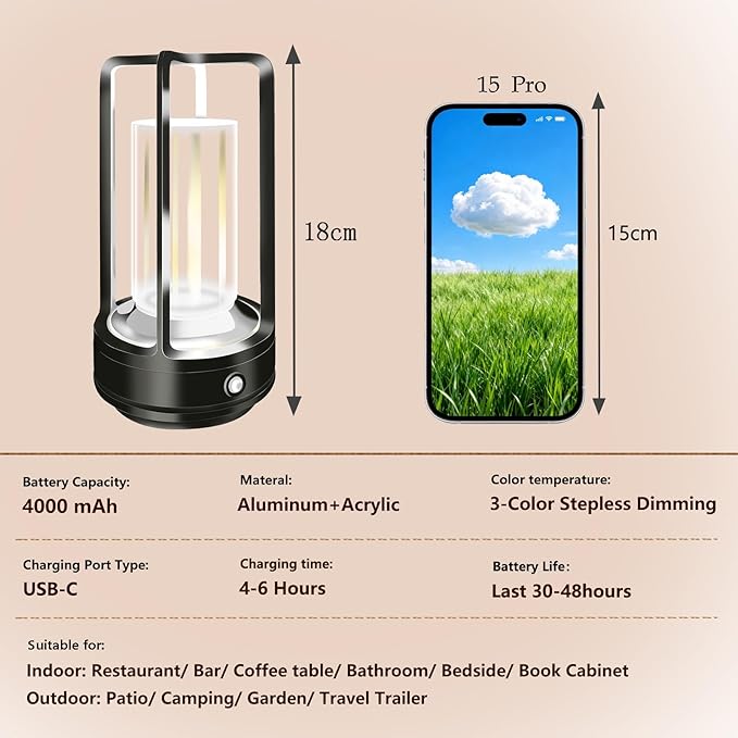 Portable Metal Table Lamp, 4000 mAh Outdoor Table Lights Rechargeable, 3 Color - Image 4