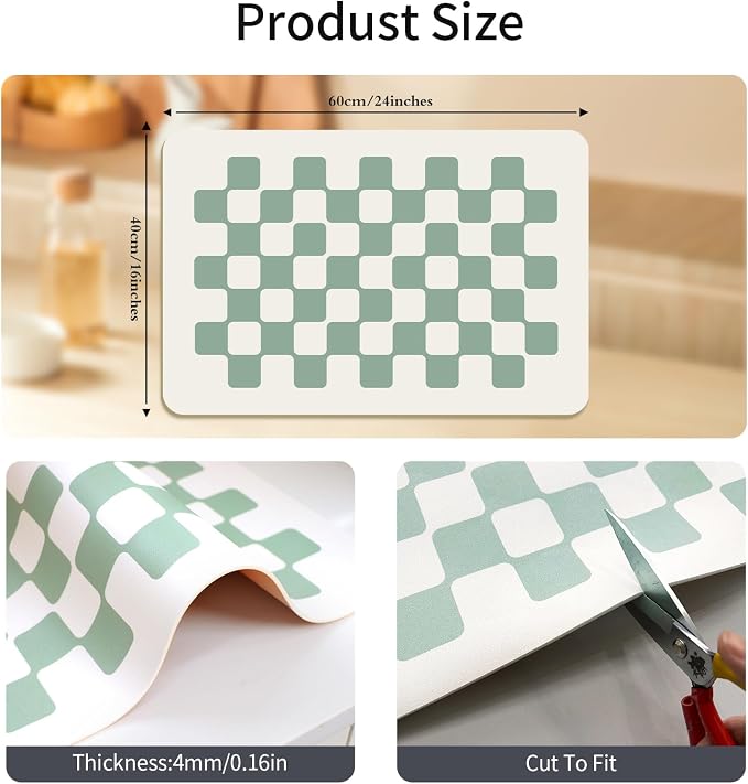Large Dish Drying Mats for Kitchen Counter 24''x16'' Black Sage Beige Checkered - Image 3