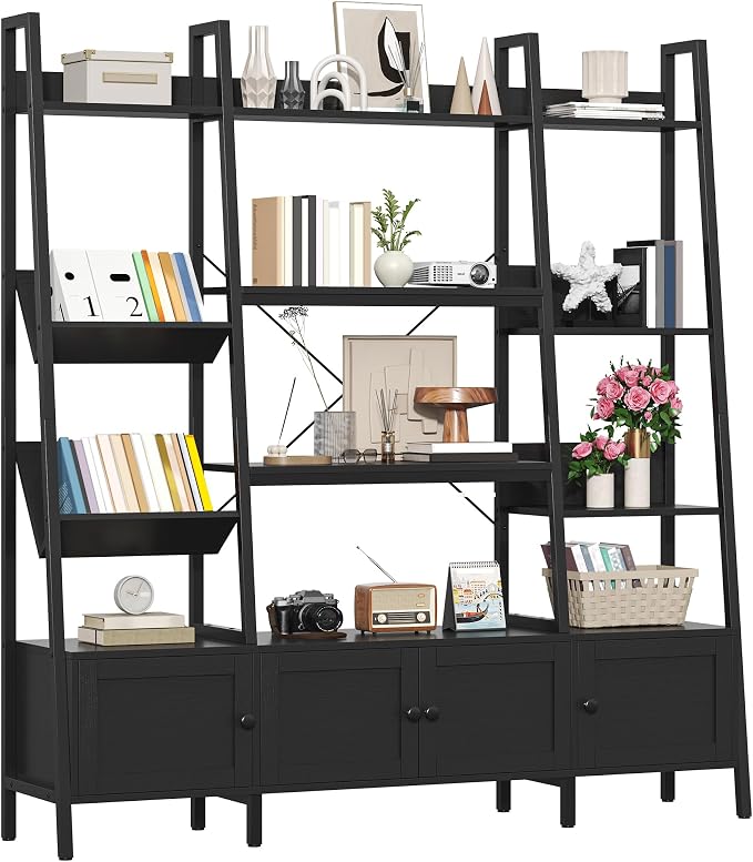 Ladder Bookshelves with 4 Doors, Triple Wide 4-Tier Large Open Bookshelf with by Semoic