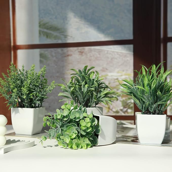 GREENTIME 4 Pack Fake Plants in White Pot Small Artificial Eucalyptus Potted - Image 5