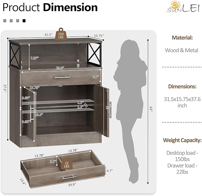 SUNLEI Kitchen Buffet Sideboard Cabinet, Storage Cabinets - Image 2