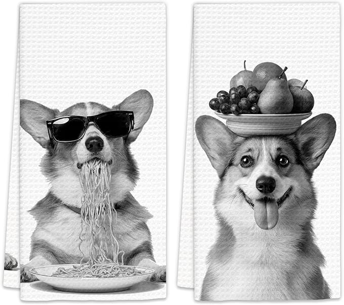 Corgi Gifts Funny Dog Kitchen Towels Set of 2, Funny Dog Eating Pasta by FIicy