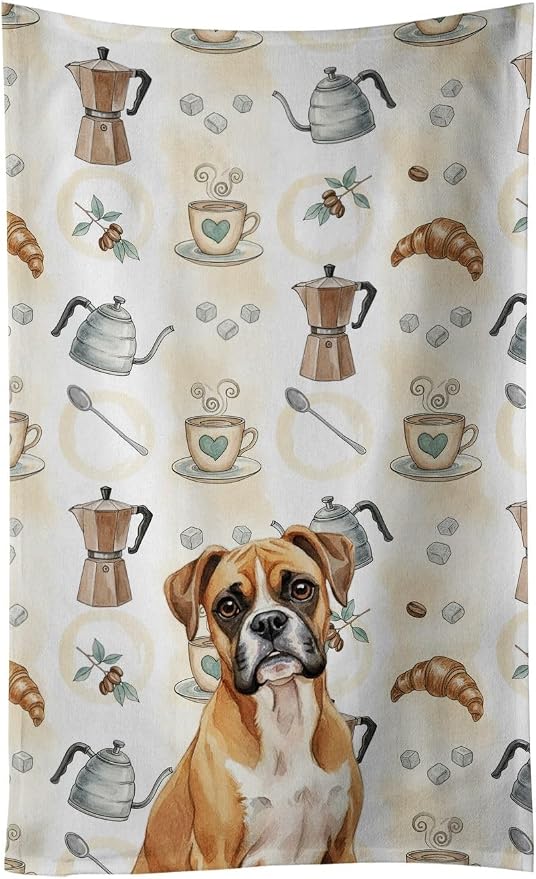 Caroline's Treasures Boxer Coffee Bar Kitchen Towel Velour Plush Front and by CarolinesTreasures