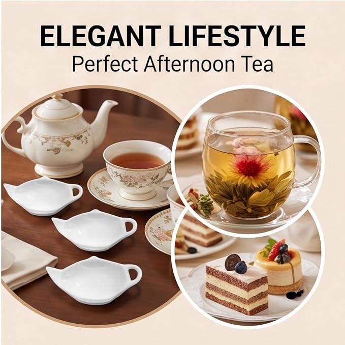 6 Pcs Ceramic Tea Bag Holder Set, Teapot Shaped Tea Bag Rest, Drip Tray - Image 5