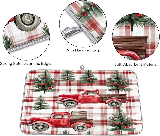 Plaid Christmas Pattern With Trucks Dish Drying Mat, Kitchen Counter Quick Dry - Image 3