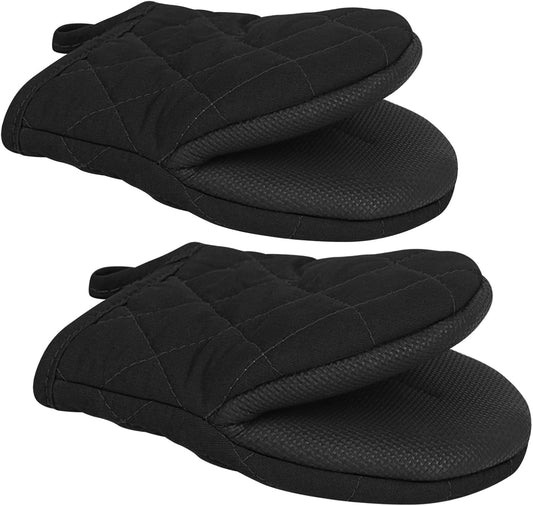 1 Pair Short Oven Mitts, Heat Resistant Silicone Kitchen Mini Oven Mitts for 500 Degrees, Non-Slip Grip Surfaces and Hanging Loop Gloves, Baking Grilling Barbecue Microwave Machine Washable