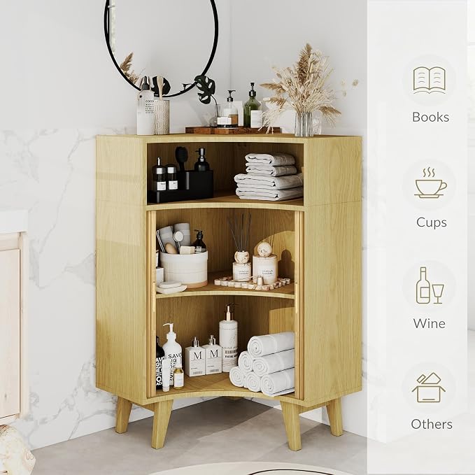 Fluted Corner Cabinet with Open Storage, Modern Floor Cabinets with Sliding - Image 6
