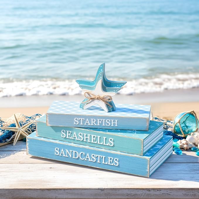 Amyhill 4 Pcs Beach Table Decor, Wooden Coastal Decorative Books - Image 2