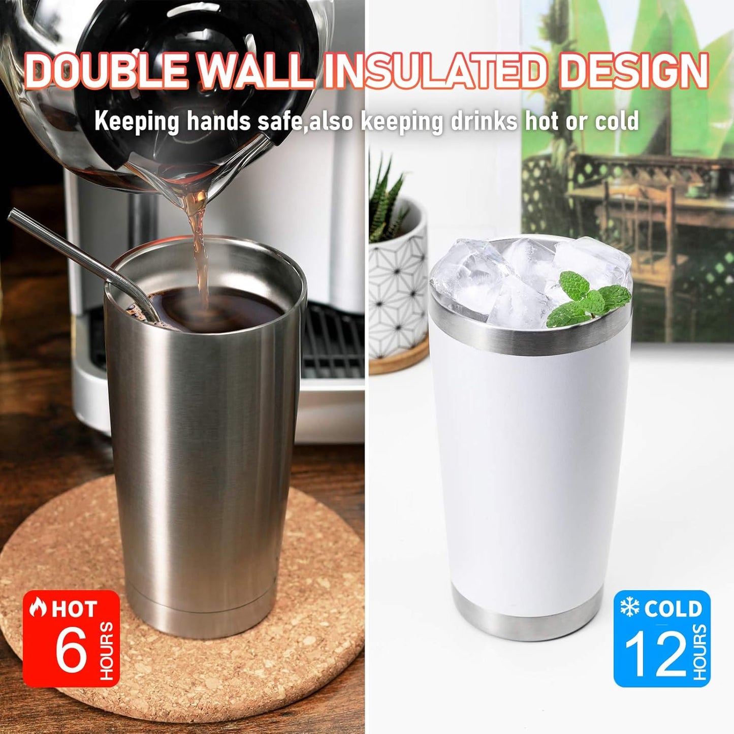 COMOOO 20oz 4Pack Double Wall Vacuum Insulated Travel Mug, Stainless Steel Tumbler with Lid, Durable Powder Coated Insulated Coffee Cup for Cold & Hot Drinks (Grey, 4 Pack)