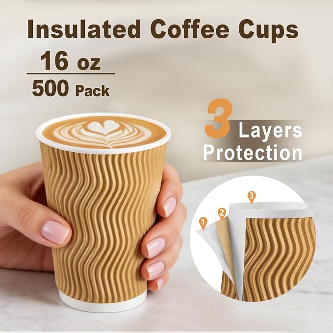 Clawsoff 500 Pack 16 oz Disposable Coffee Cups No Lids, Insulated Ripple Wall - Image 3