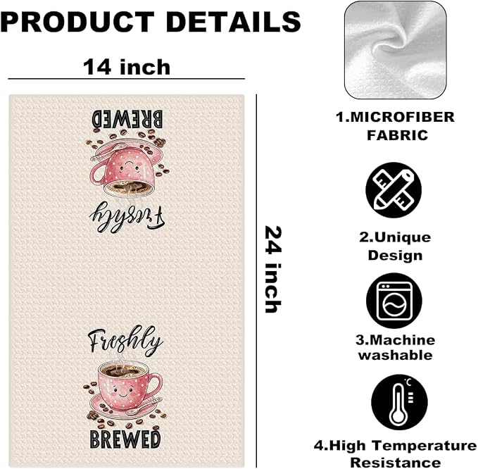 Freshly Brewed Coffee Kitchen Towels, Cute Pink Cup Print Reusable Dish Cloth - Image 2