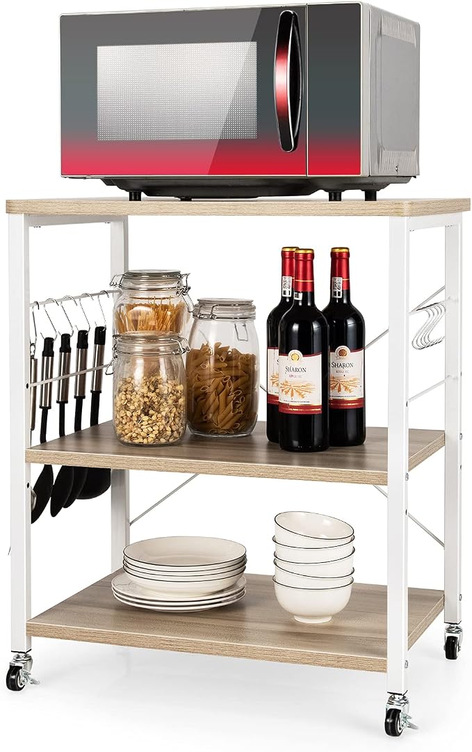Giantex Kitchen Bakers Rack 3-Tier Microwave Cart on Wheels, Industrial Utility by Giantex