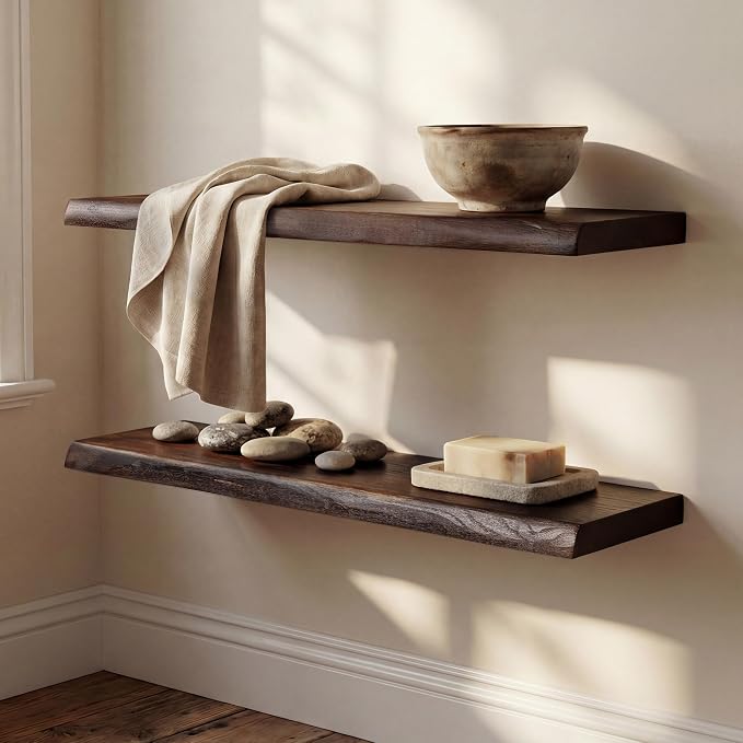 36" Live Edge Floating Shelves, 1.4" Extra Thick Solid Elm Wood Wall Shelf - Image 2