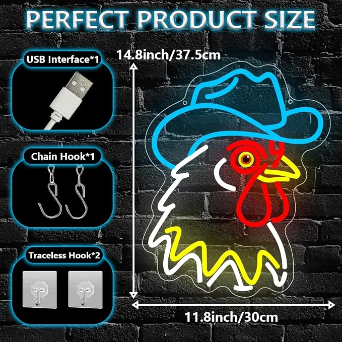 Cowboy Neon Sign, Rooster Dimmable LED Light Signs - Image 3